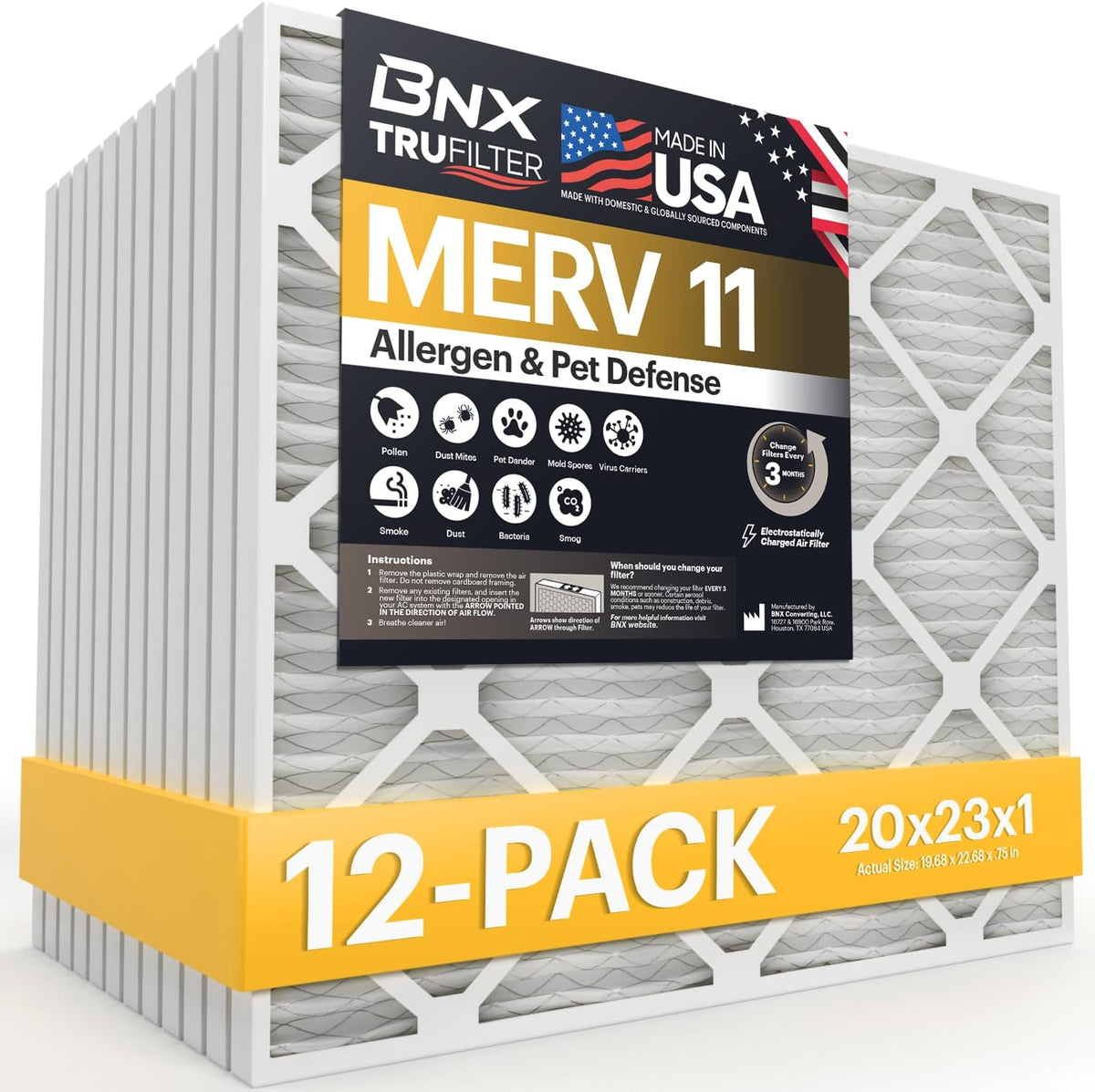 BNX TruFilter 20x23x1 Air Filter MERV 11 (12-Pack)- MADE IN USA - Allergen Defense Electrostatic