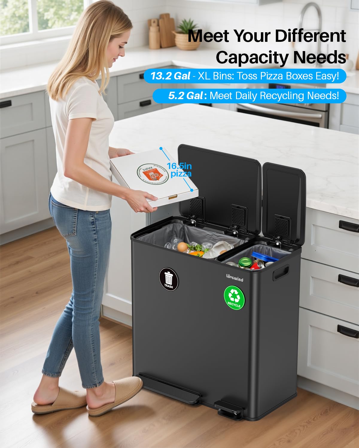 Dual Trash and Recycling Bins for Kitchen, 13.2 + 5.2 Gal (50+20L) Stainless Steel Trash and