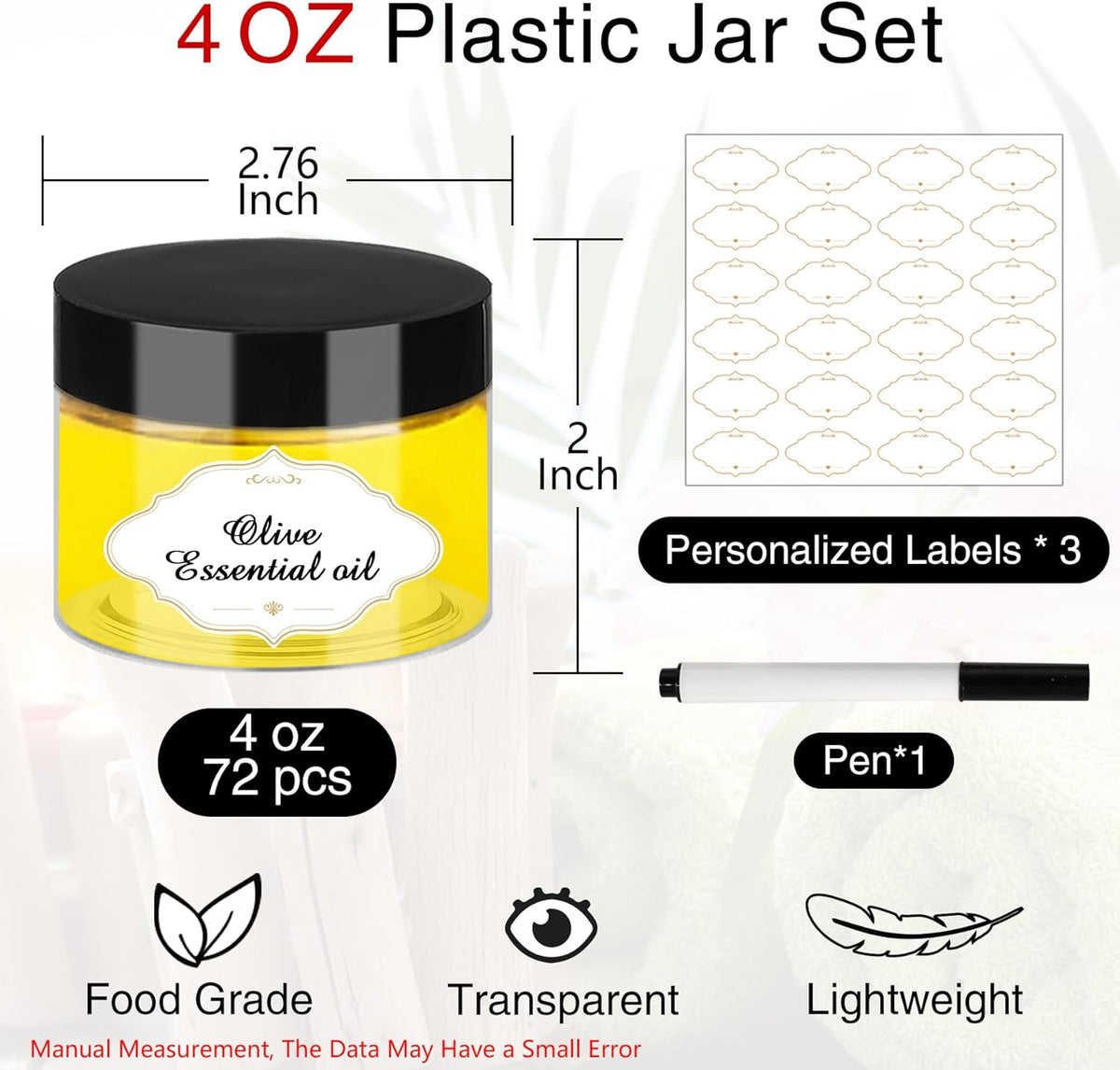 Plastic Jars with Lids, 4 OZ Slime Containers 72 Pcs Empty Clear Plastic Jars Refillable Plastic