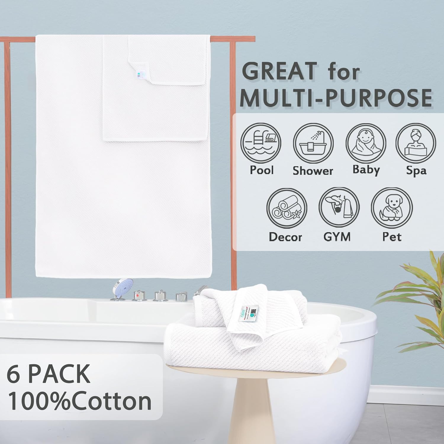 VOOVA & MOVAS White Towels Bathroom Sets - 100% Cotton | Quick Dry | Lightweight | Thick, 6PCS Bath