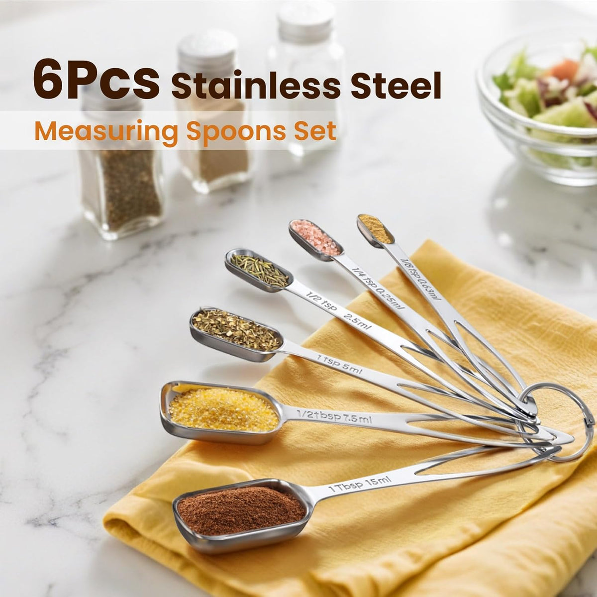 6PCS Narrow Measuring Spoons Set, Stainless Steel Measuring Spoon Fits in Spice Jars, Metal