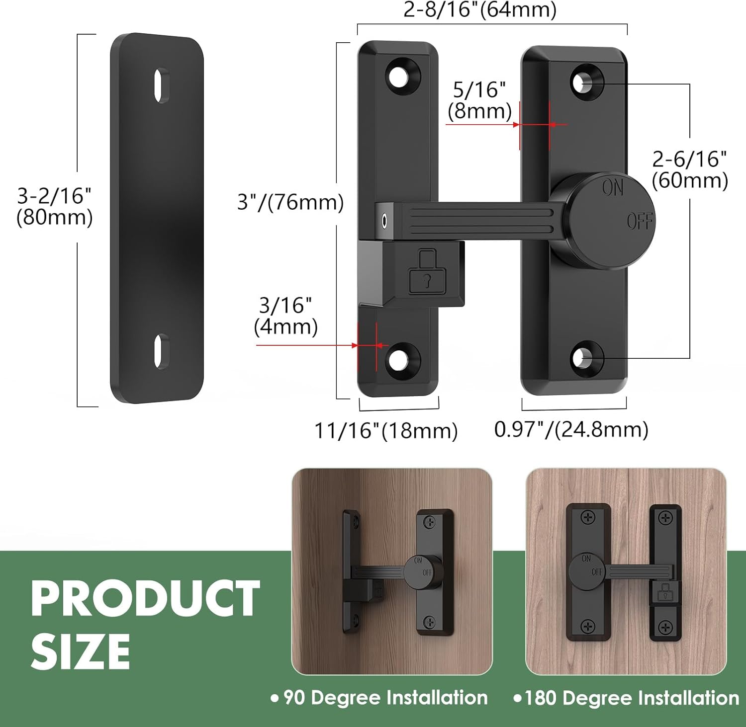 Barn Door Lock Latch, 90/180 Degree Flip Sliding Door Latch for Garage, Bedroom, Cabinet, Sturdy