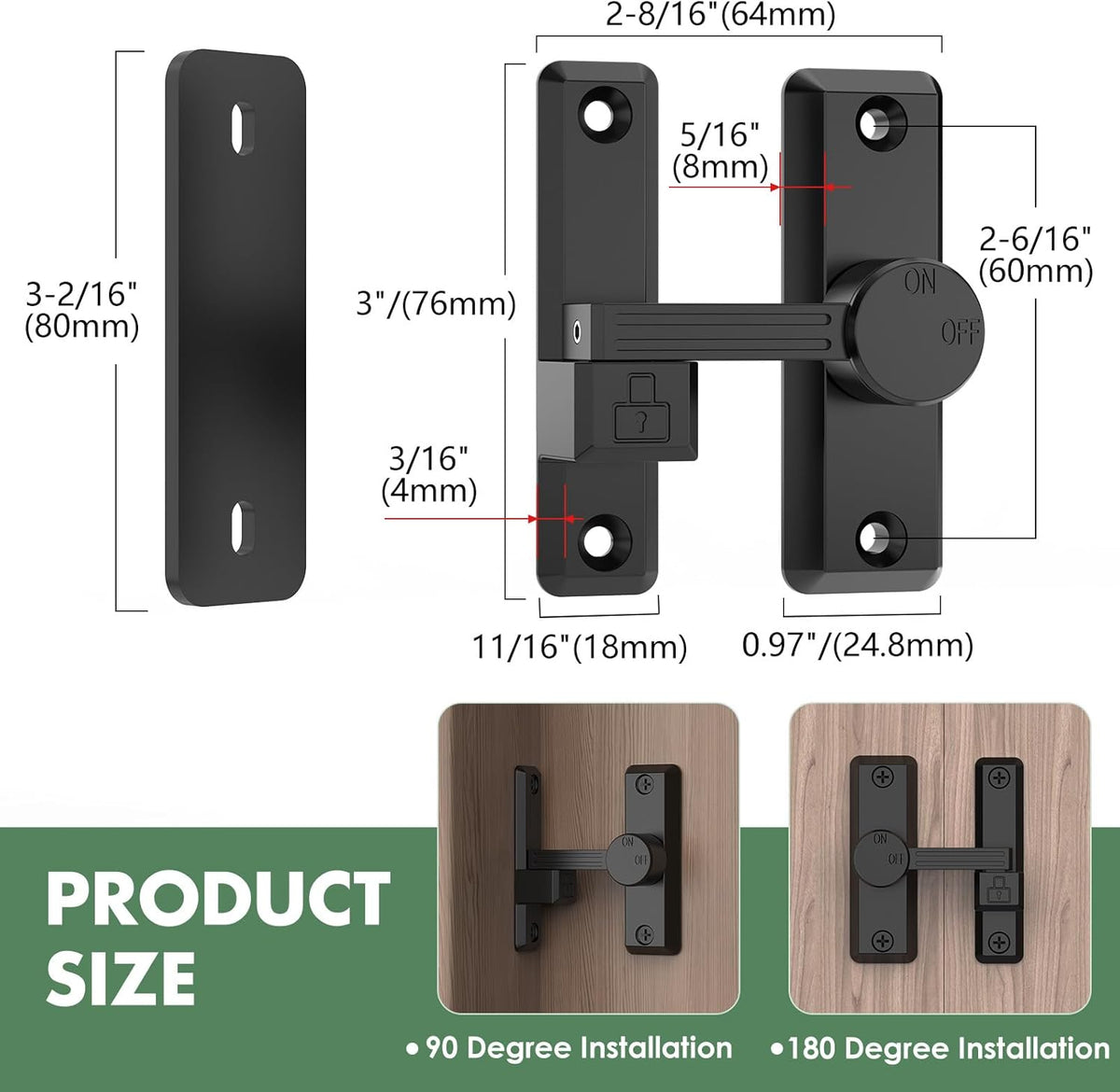 Barn Door Lock Latch, 90/180 Degree Flip Sliding Door Latch for Garage, Bedroom, Cabinet, Sturdy
