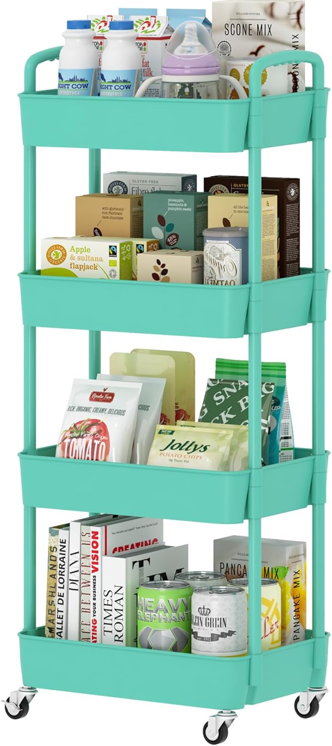 Sywhitta 4-Tier Plastic Rolling Utility Cart with Handle, Multi-Functional Storage Trolley for