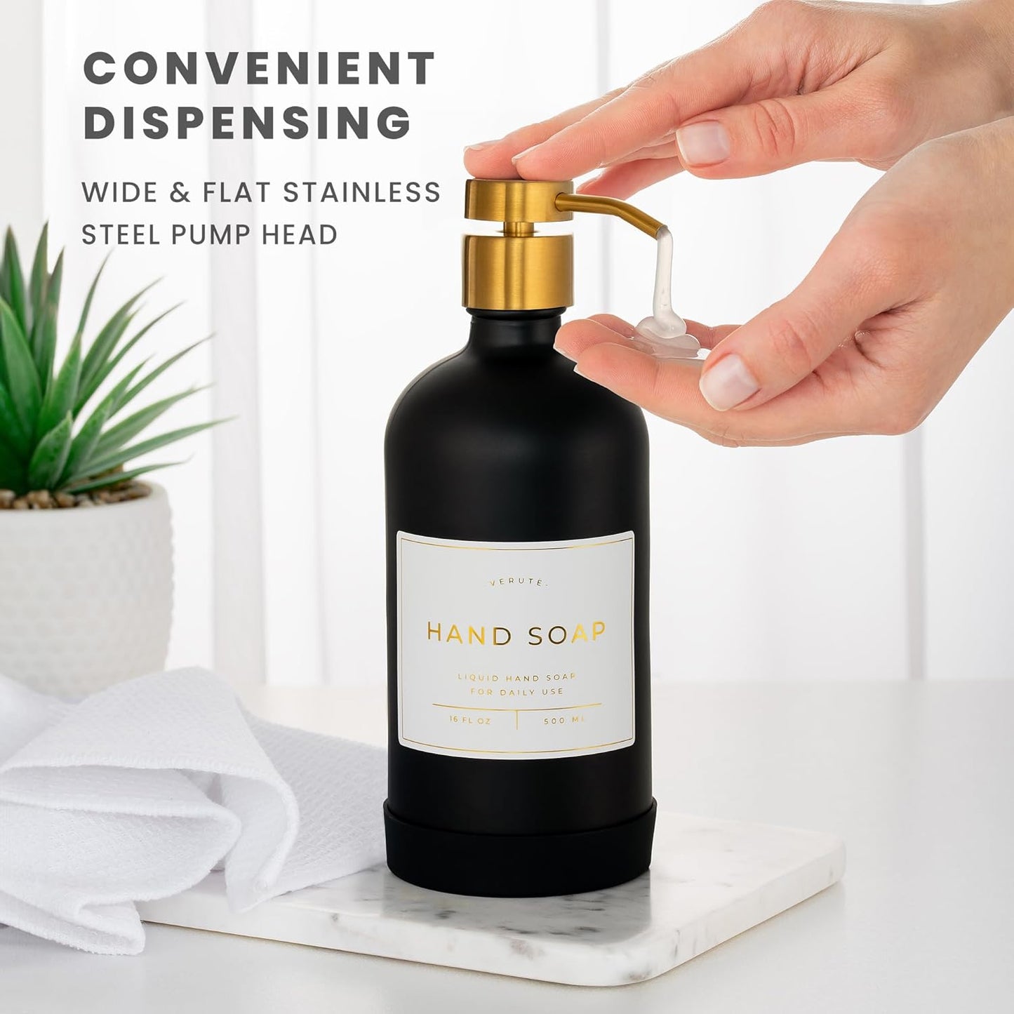 16oz Glass Soap Dispenser with Stainless Steel Pump, 21 Waterproof Labels, Non-Slip Protective