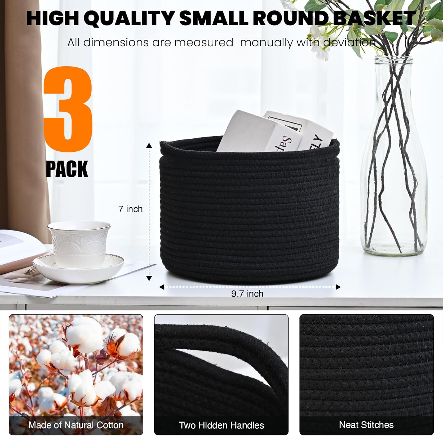 Small Black Baskets for Organizing, Storage Baskets for Shelves, Small Woven Basket for Storage