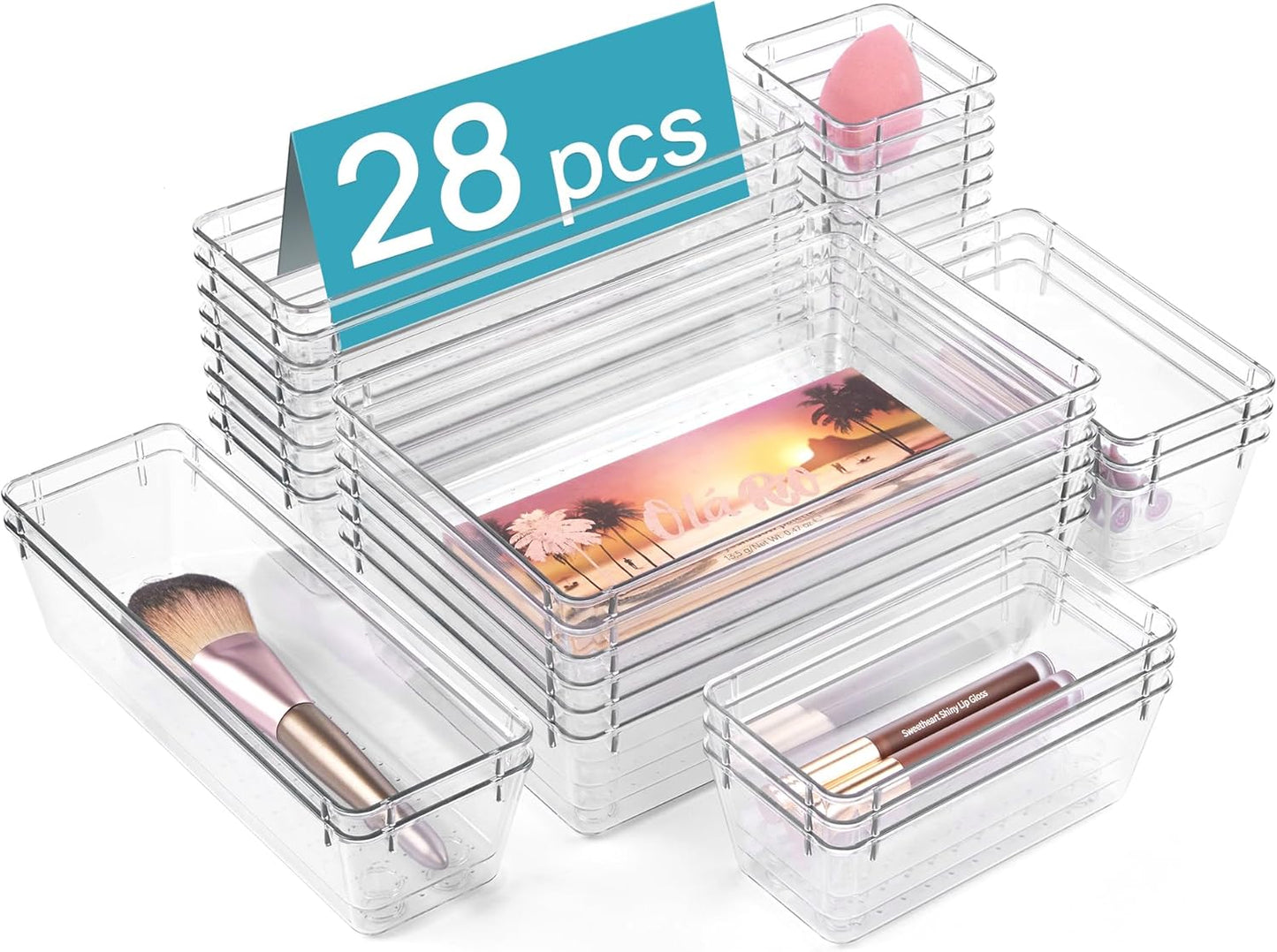 Vtopmart 28 PCS Clear Plastic Drawer Organizers Set, 4-Size Bathroom and Vanity Drawer Organizer