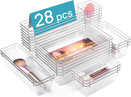 Vtopmart 28 PCS Clear Plastic Drawer Organizers Set, 4-Size Bathroom and Vanity Drawer Organizer