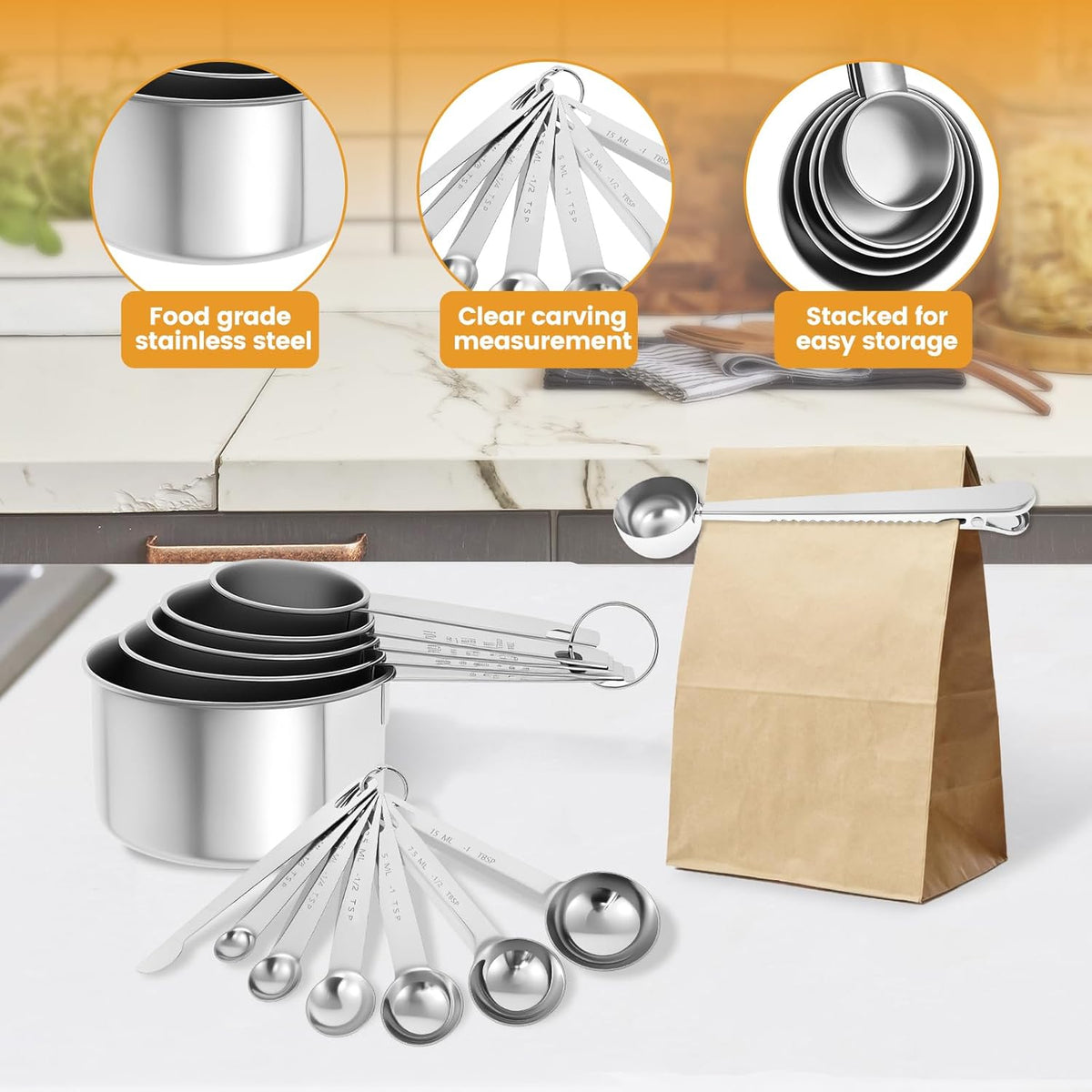 13PCS Measuring Cups and Spoons Set Stainless Steel Measuring Spoons and Cups Stackable Measuring