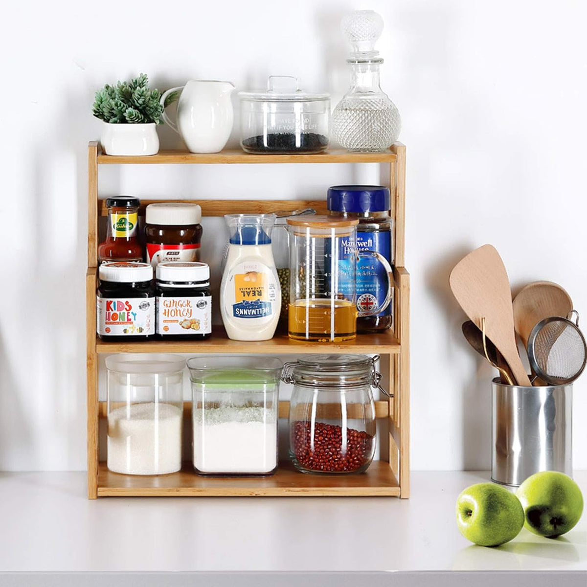 Bamboo Spice Rack Kitchen Countertop Organizer Storage Shelves-3 tier Standing Pantry Shelf with
