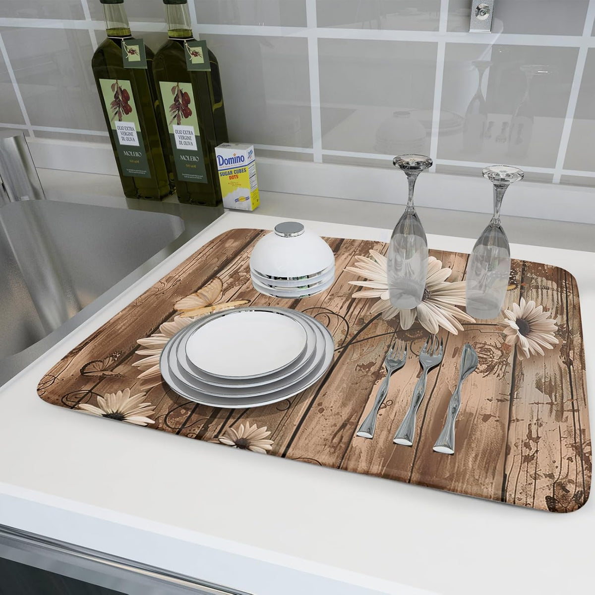 Summer Daisy Flowers Dish Drying Mat for Kitchen Counter 18x24 Inch Rustic Daisy Absorbent Dish