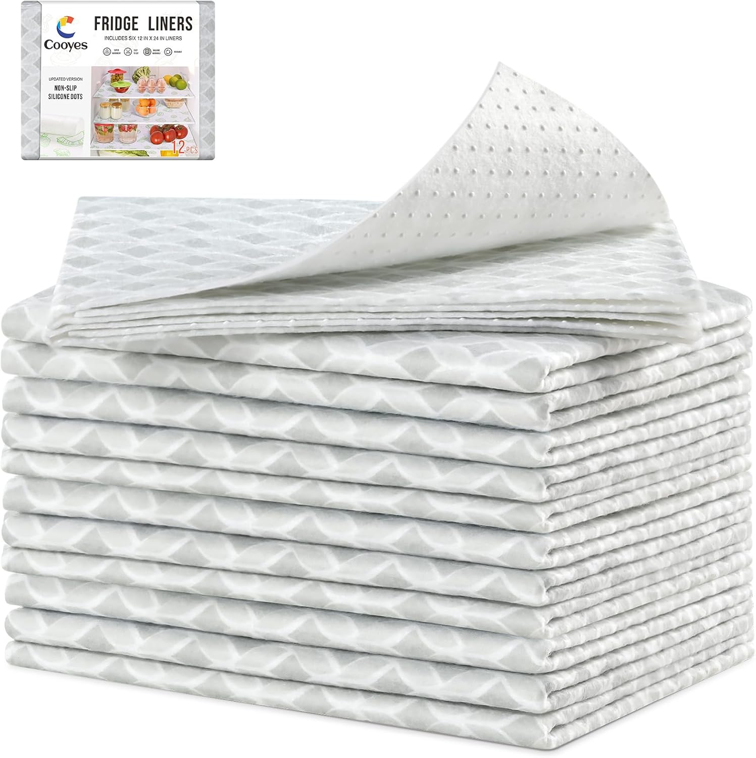 Cooyes 12 Pack Large Refrigerator Liners 17.7" x 36", Absorbent Strong Grip Fridge Liners Washable