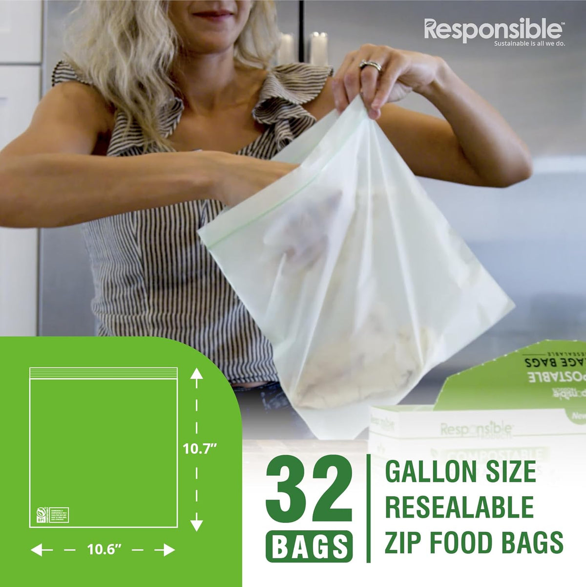 Responsible Products Certified Compostable Large GALLON Resealable Zip Bag, Extra Strength Food