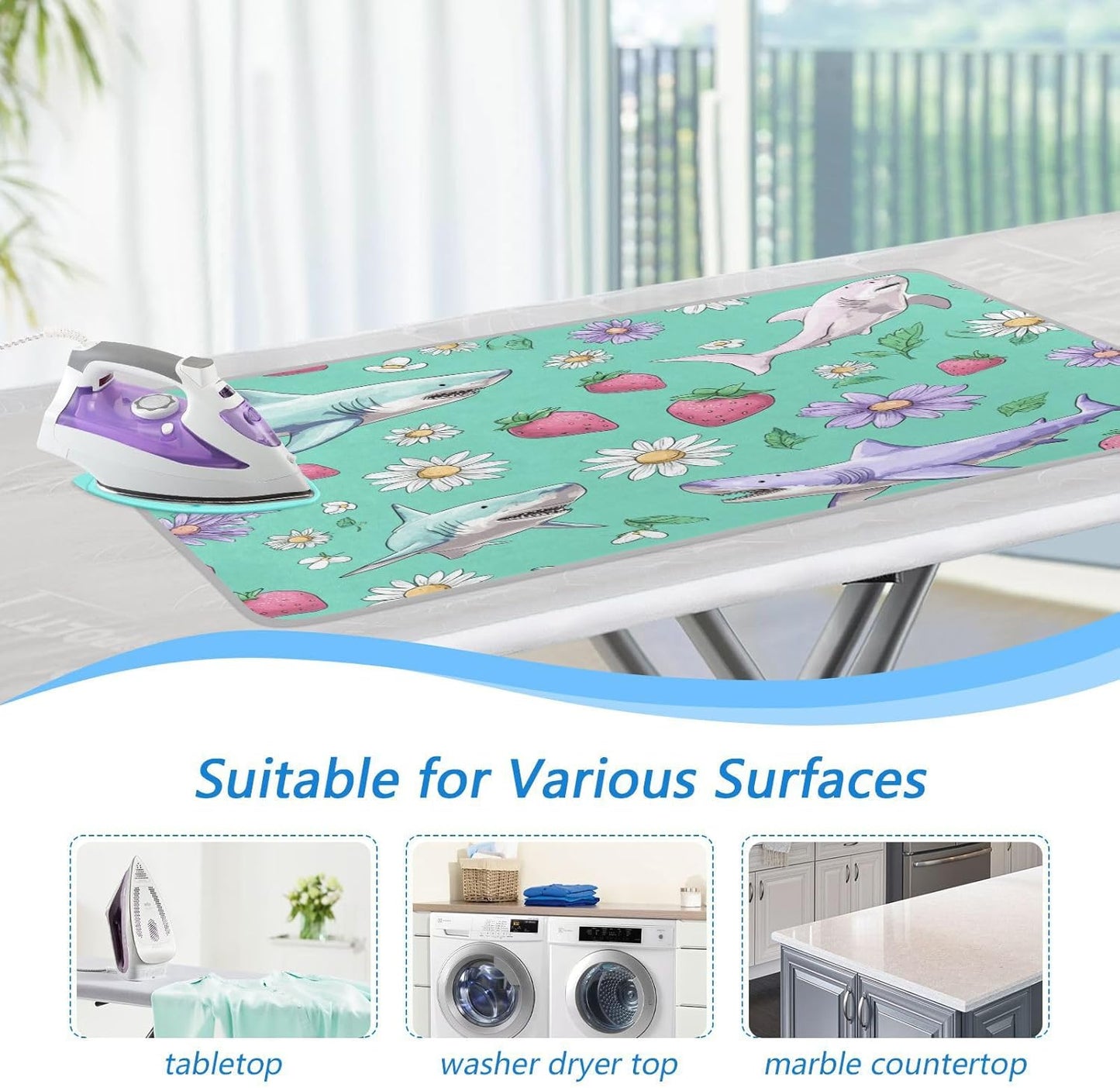 Mint Green Sharks Strawberry and Daisy Ironing Mat for Table top Portable Ironing Pad Blanket for