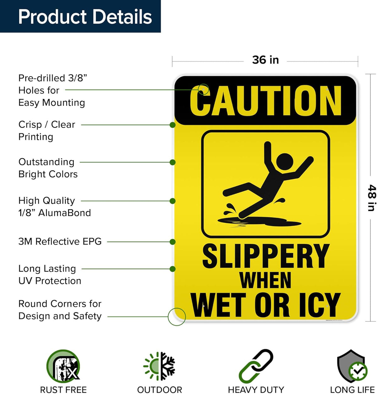 Caution Slippery When Wet Sign or ICY Sign, 36"x48" Aluminum Composite Reflective, Indoor/Outdoor