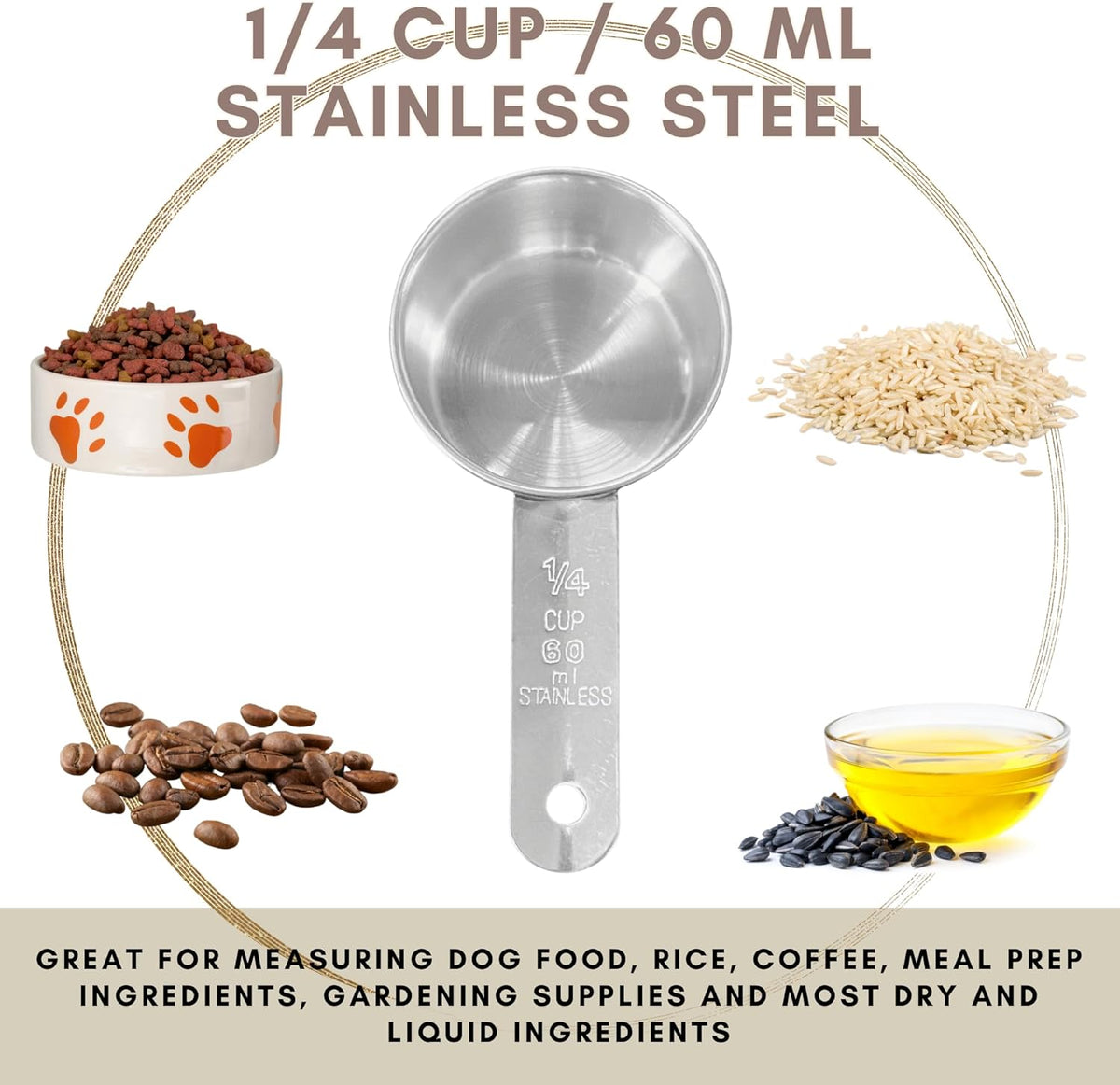 1/4 Cup Stainless Steel Measuring Cup | Sturdy Metal 60 ml | 60 cc | 2 oz | Single Cup for Wet and