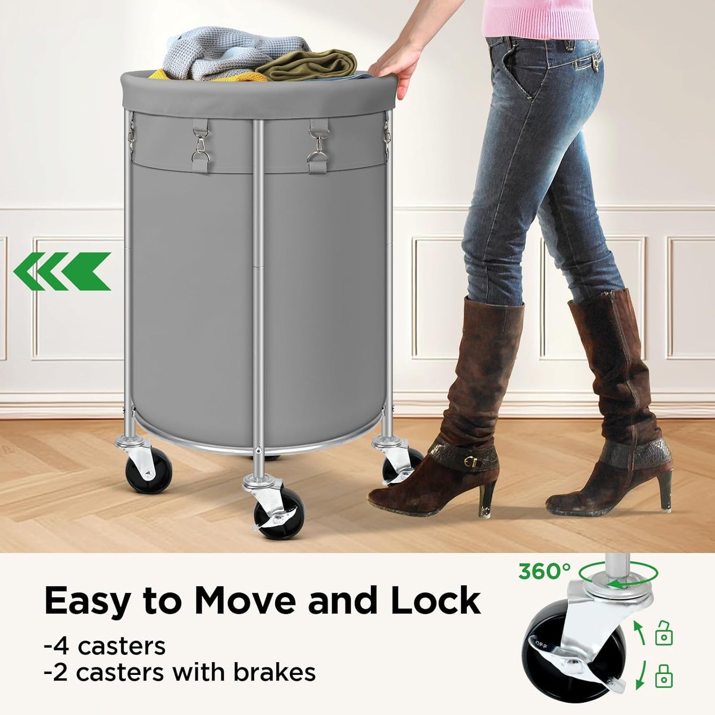 Laundry Hamper with Wheels, 100L Round Rolling Laundry Basket Sorter with Removable Bag, Clothes
