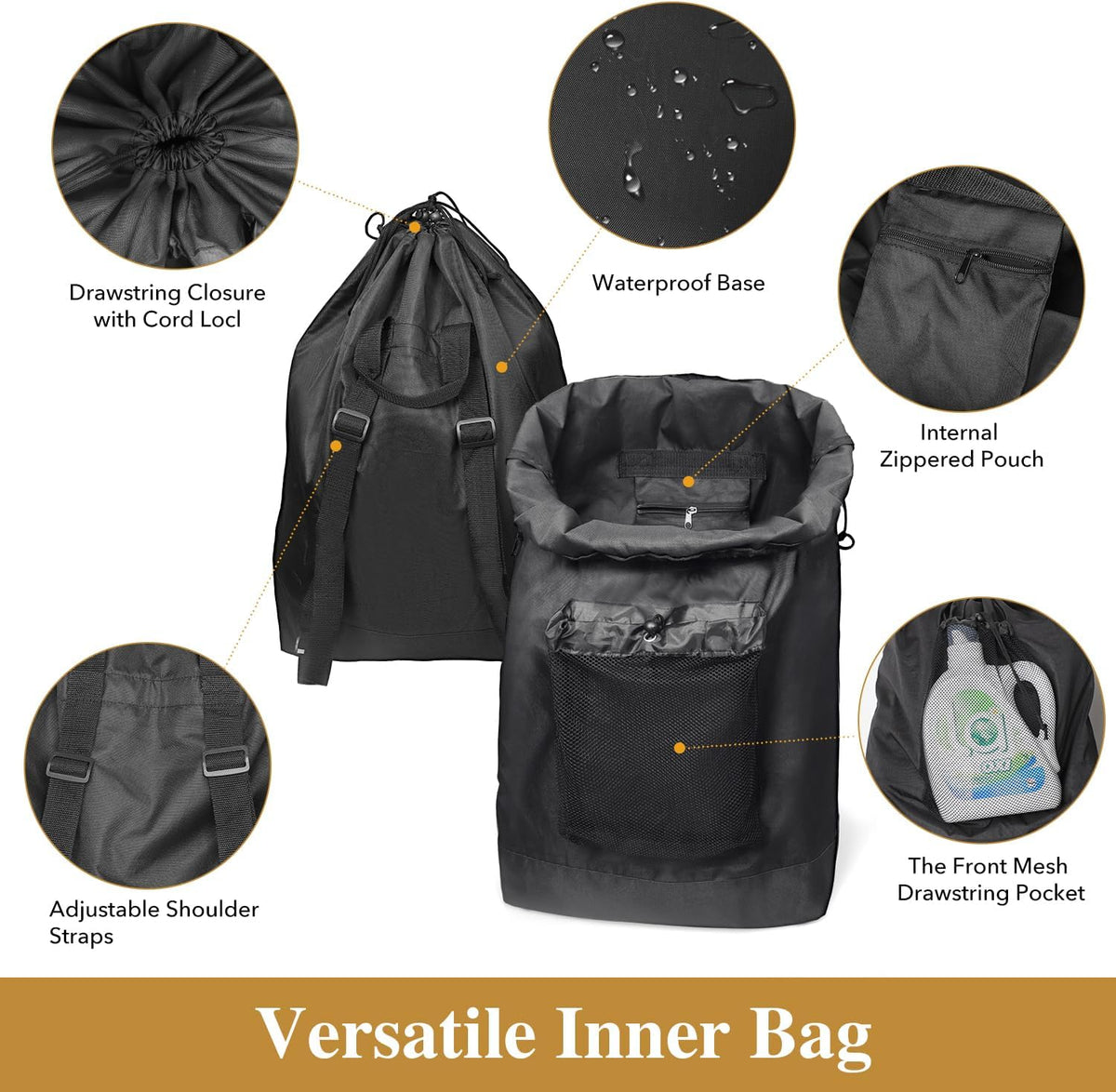 60L 2-in-1 Laundry Hamper with Laundry Backpack, Waterproof Basket with Lid, Laundry Bag with