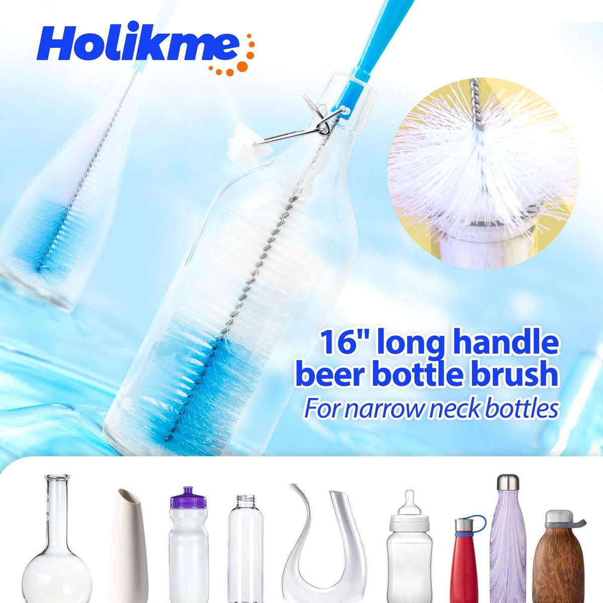 Holikme Bottle Brush Tube Cleaning Lab Set with Long Handle, Cup Cleaner for Washing Narrow Neck