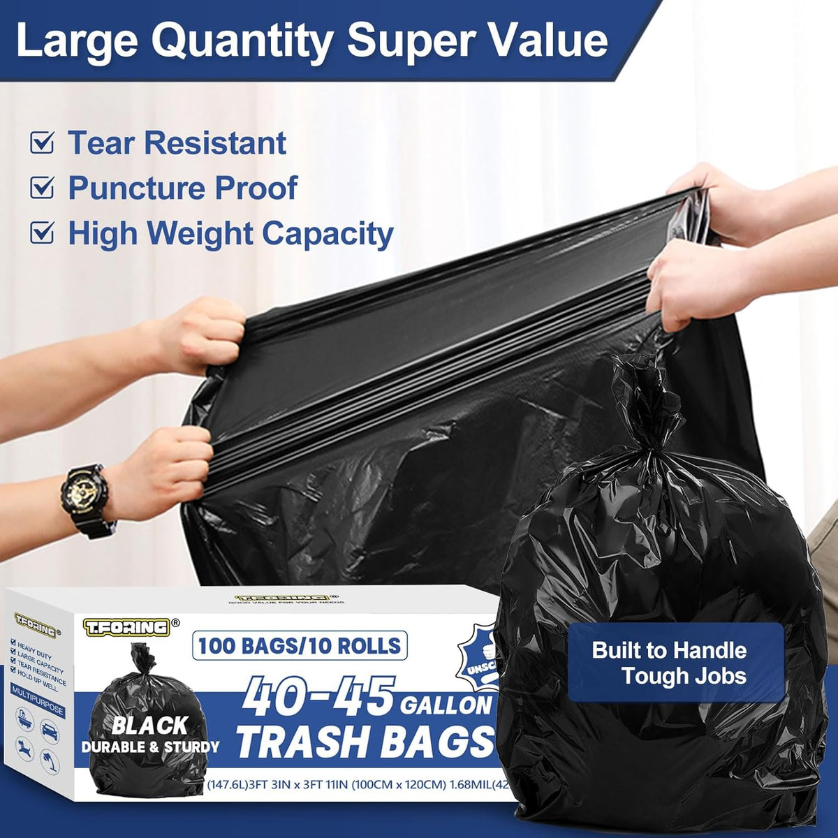 Large 40-45 Gallon Trash Bags Heavy Duty - 1.6 Mil Thick,39''x47'' Strong Black Garbage Bags