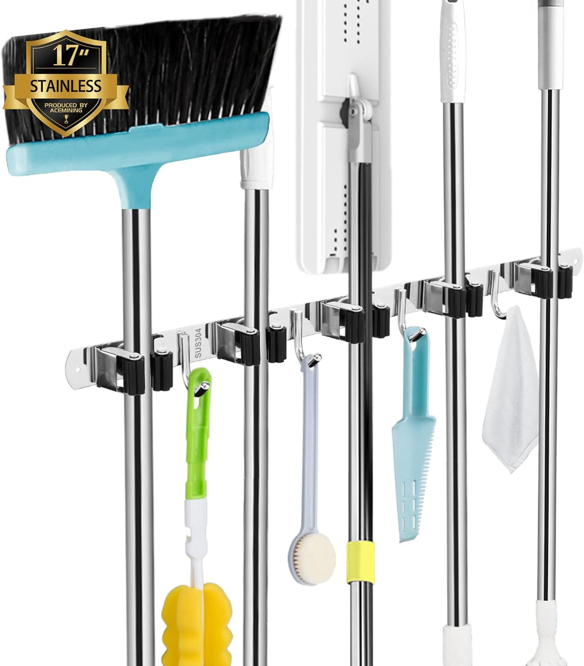 AceMining 5 Racks and 4 Hooks Mop and Broom Holder Wall Mount, Broom Organizer Storage Tool Racks
