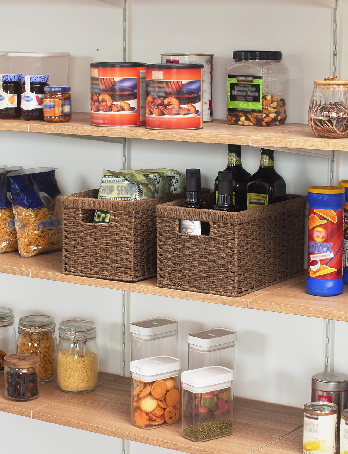 StorageWorks Round Paper Rope Storage Baskets, Rectangular Wicker Baskets with Built-in Handles