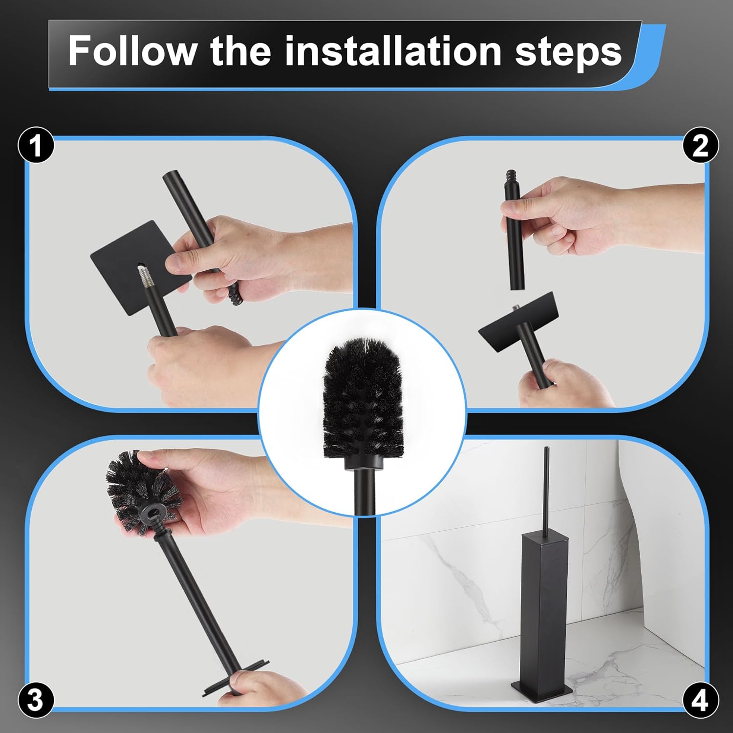 BVL Toilet Brush and Holder Set Black Stainless Steel 304 Square Freestanding Toilet Brush for