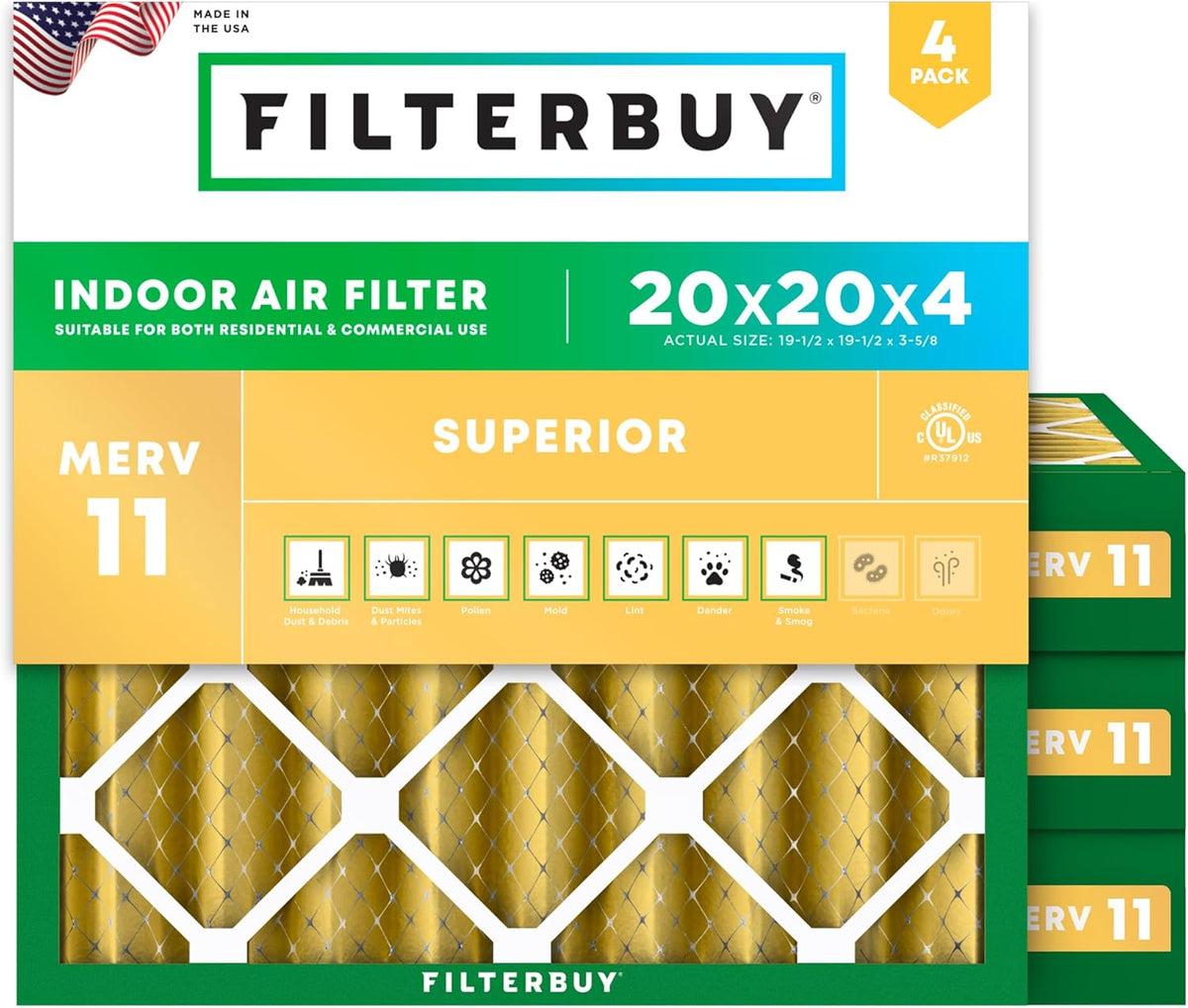 Filterbuy 20x20x4 Air Filter MERV 11 (MPR 1200) Allergen Defense Replacement (4-Pack)