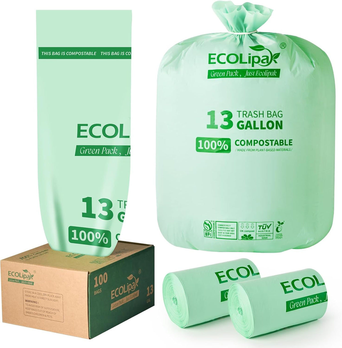 ECOLipak 13 Gallon Compostable Trash Garbage Bags, 100 Count (2 Rolls) Biodegradable Heavy Duty