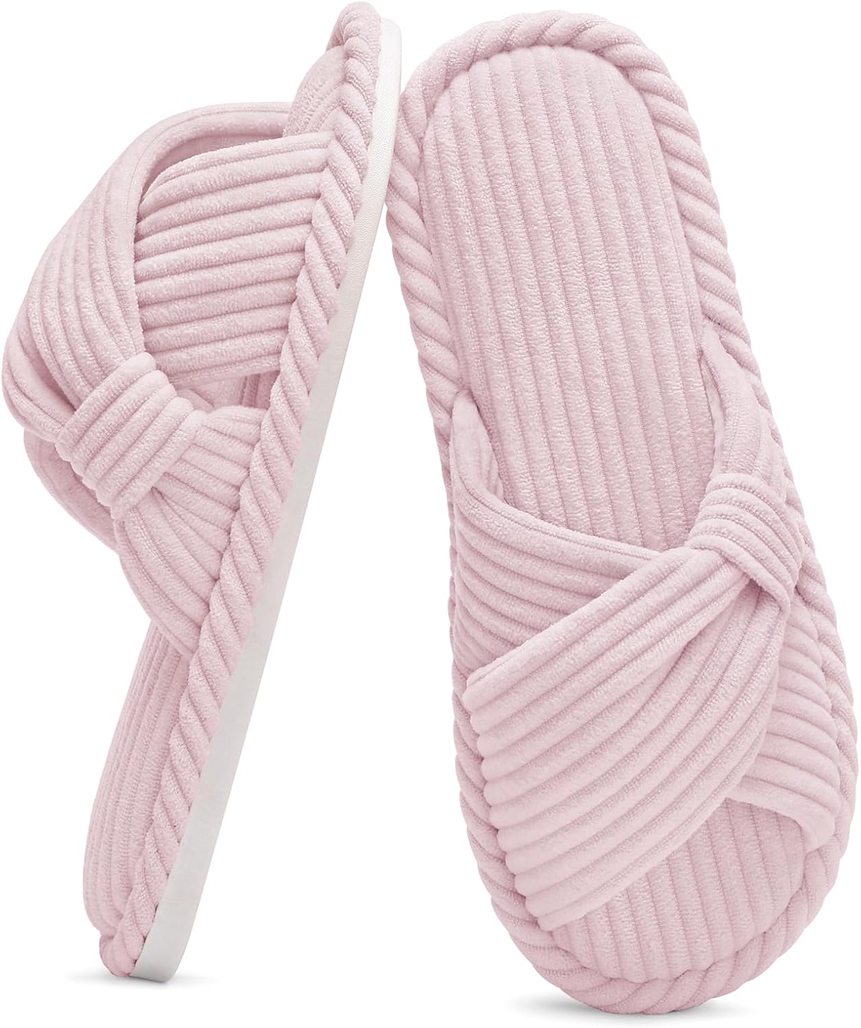 Evshine Summer House Slippers for Women Corduroy Cross Bow Indoor Slippers Open Toe Slip On Bedroom