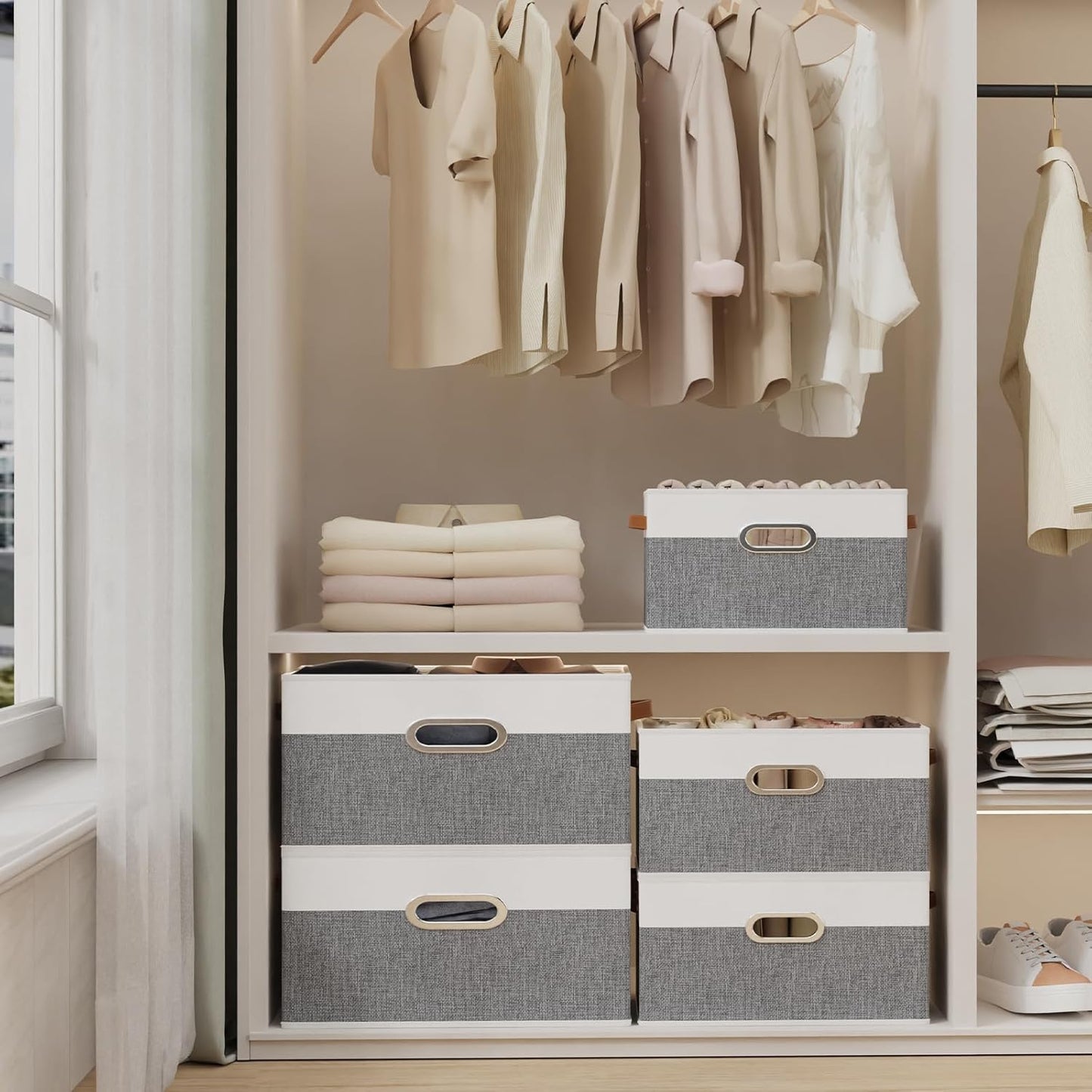 Yawinhe Foldable Storage Baskets for Shelves, Fabric Closet Organizers, Bins with 3 Handles, Cubes