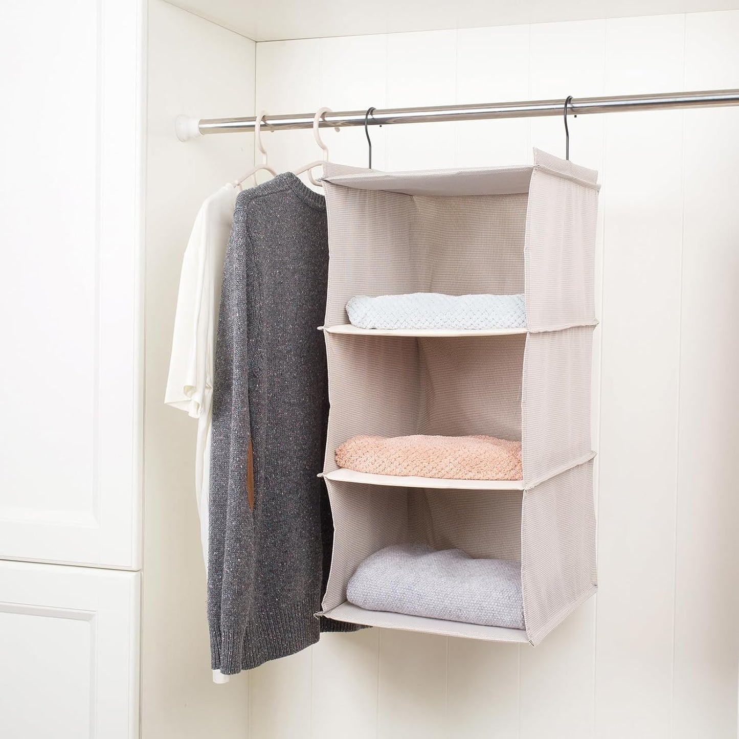 Hanging Closet Organizer, Easy Mount Foldable 3-Shelf Hanging Closet Wardrobe Storage Shelves