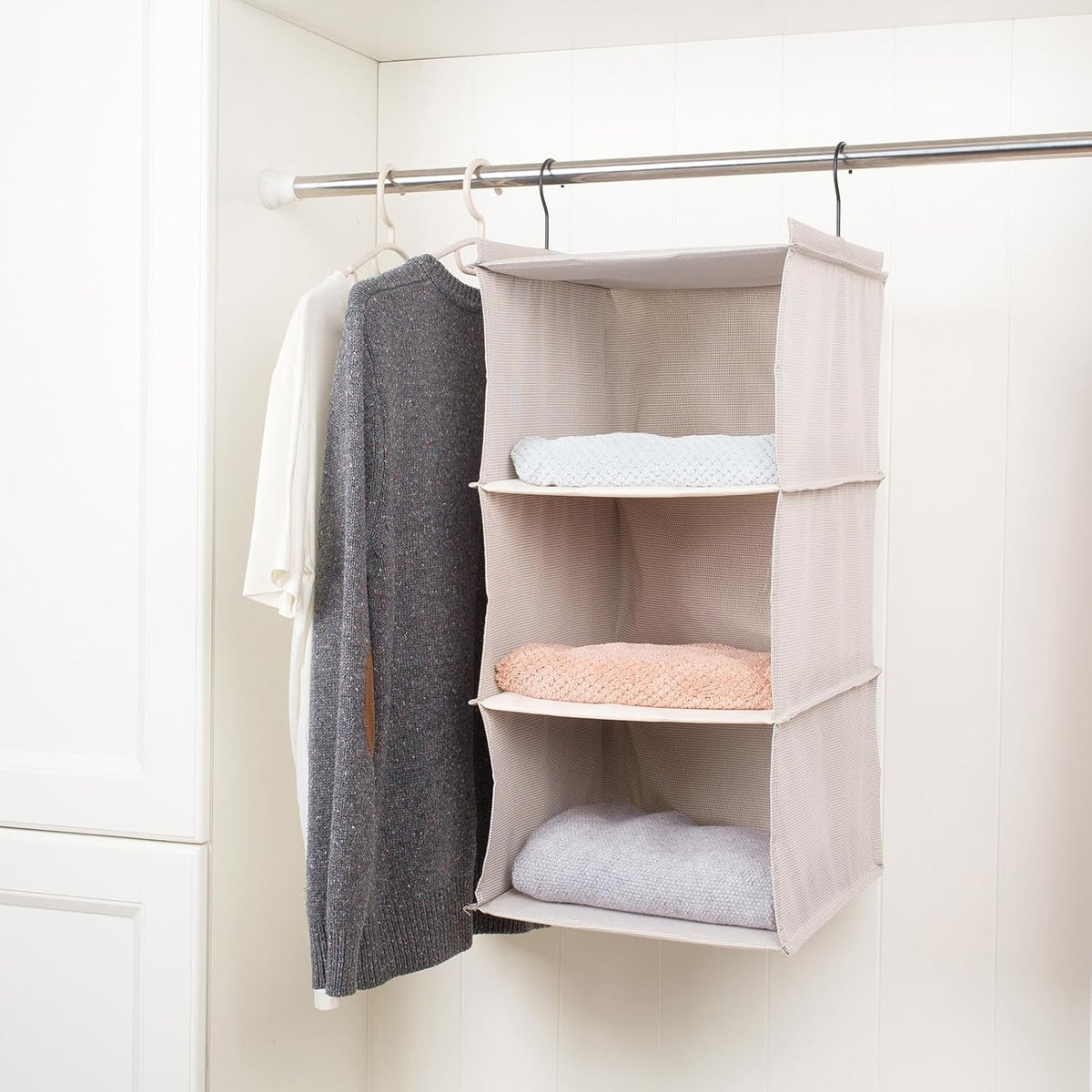 Hanging Closet Organizer, Easy Mount Foldable 3-Shelf Hanging Closet Wardrobe Storage Shelves