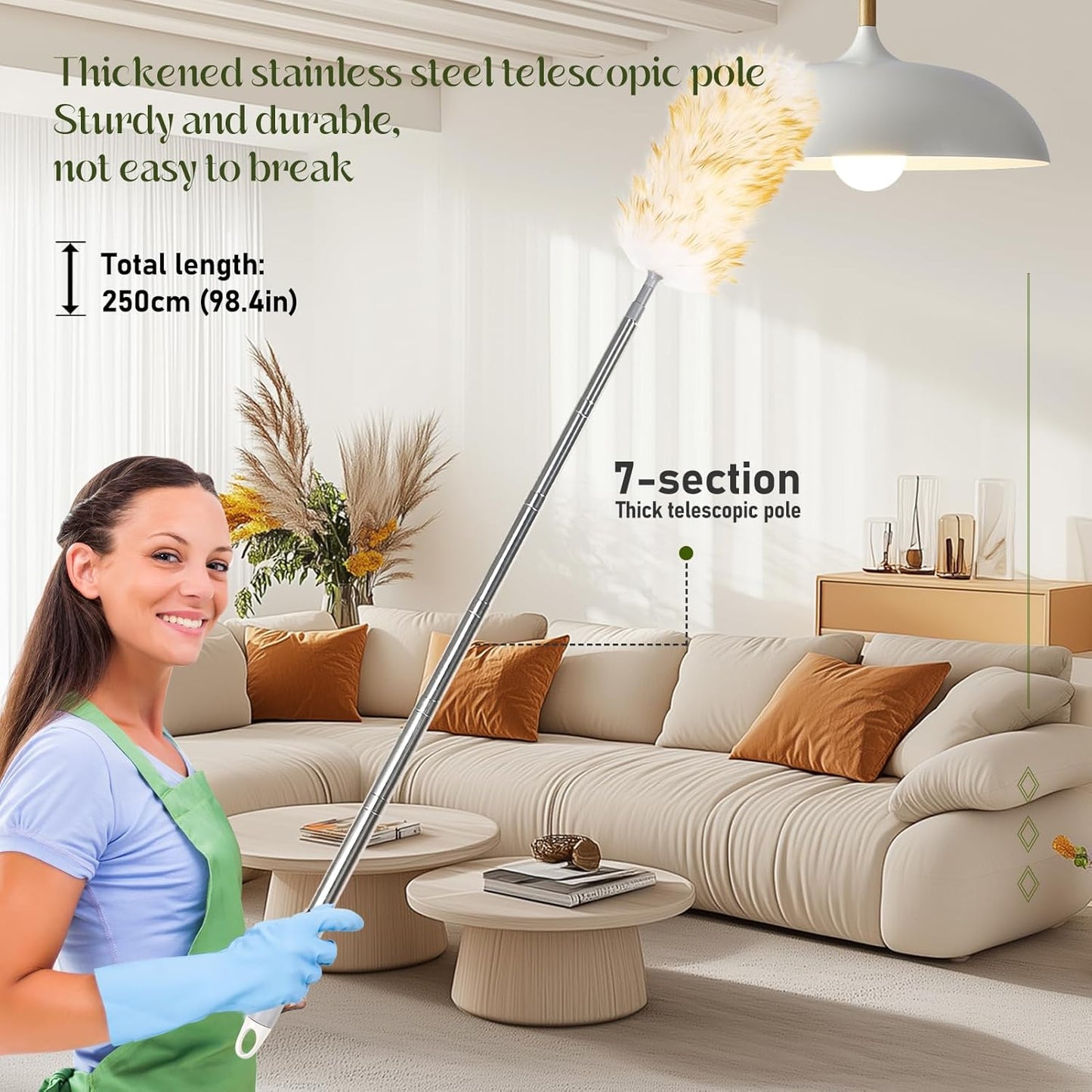 Lambswool Duster for Cleaning with Non-Slip Handle 98.4" Removable Retractable Feather Duster for