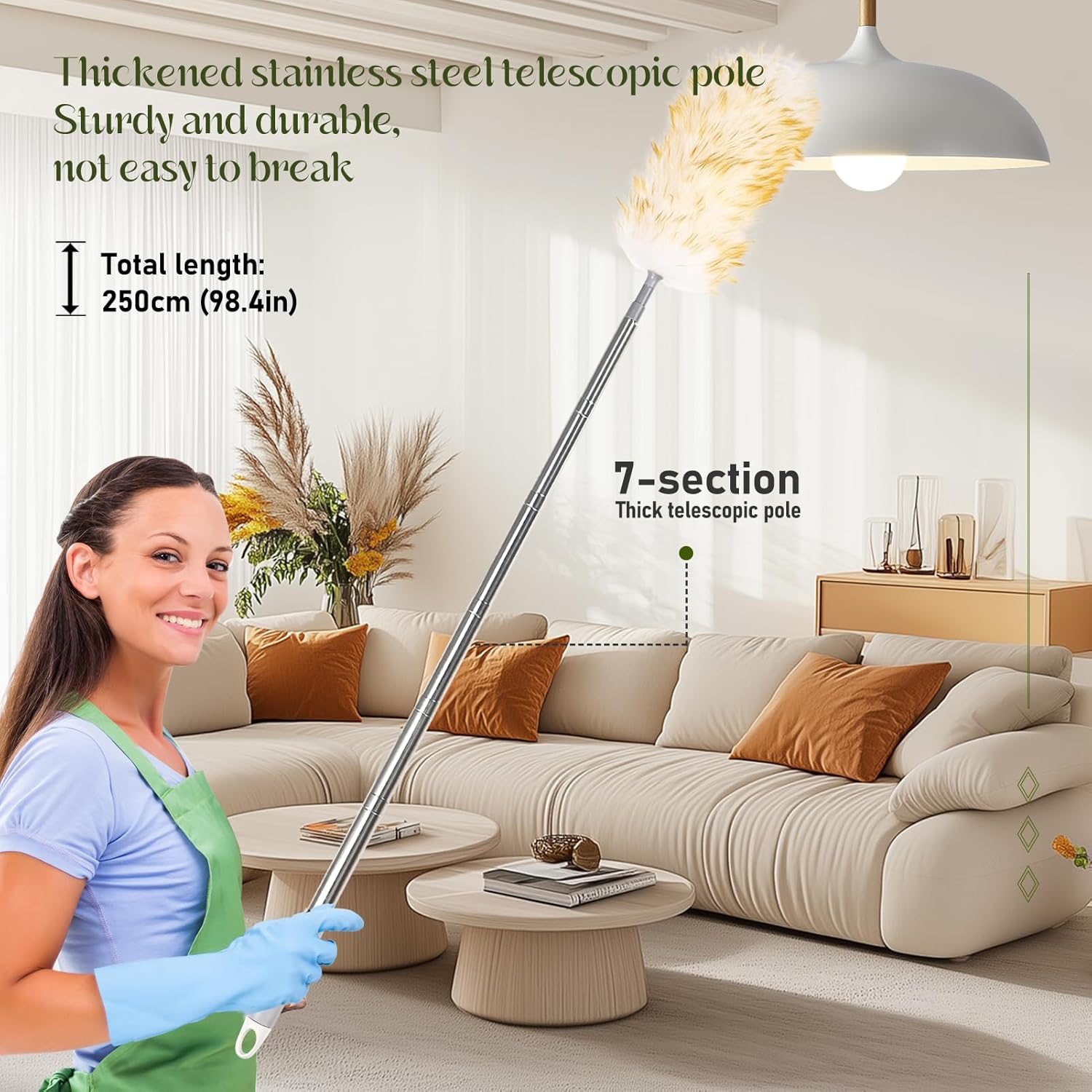 Lambswool Duster for Cleaning with Non-Slip Handle 98.4" Removable Retractable Feather Duster for