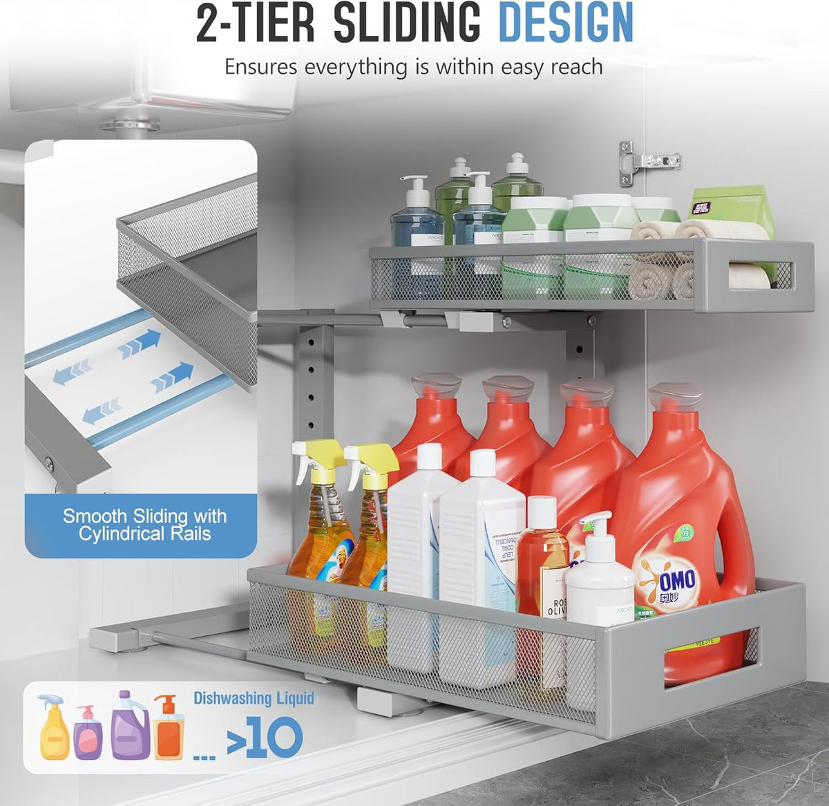 1 Pack-11.4"-16.14" H Under Sink Storage Organizer, Large 2-Tier Elegant Mesh Pull Out Shelf for