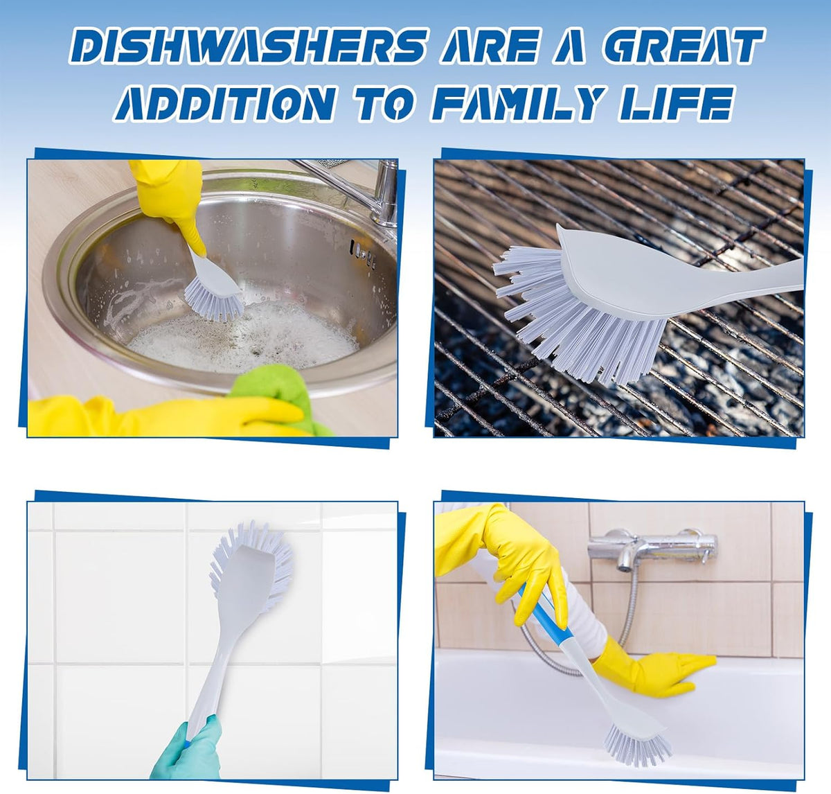 Hsei 6 Pcs Blue Kitchen Scrub Dish Brush Bulk with 11 Inch Handle Cleaning Dish Scrubber with Stiff
