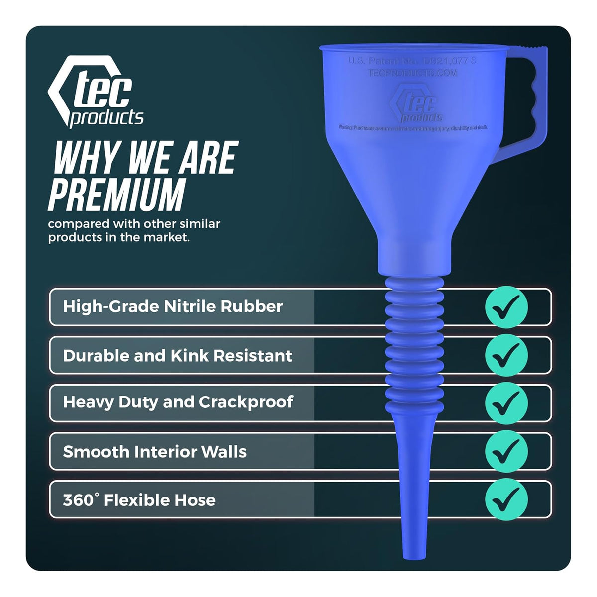 TEC Products FlexAll Long Flexible Funnel for Automotive Use - Durable Nitrile Rubber - Ideal for