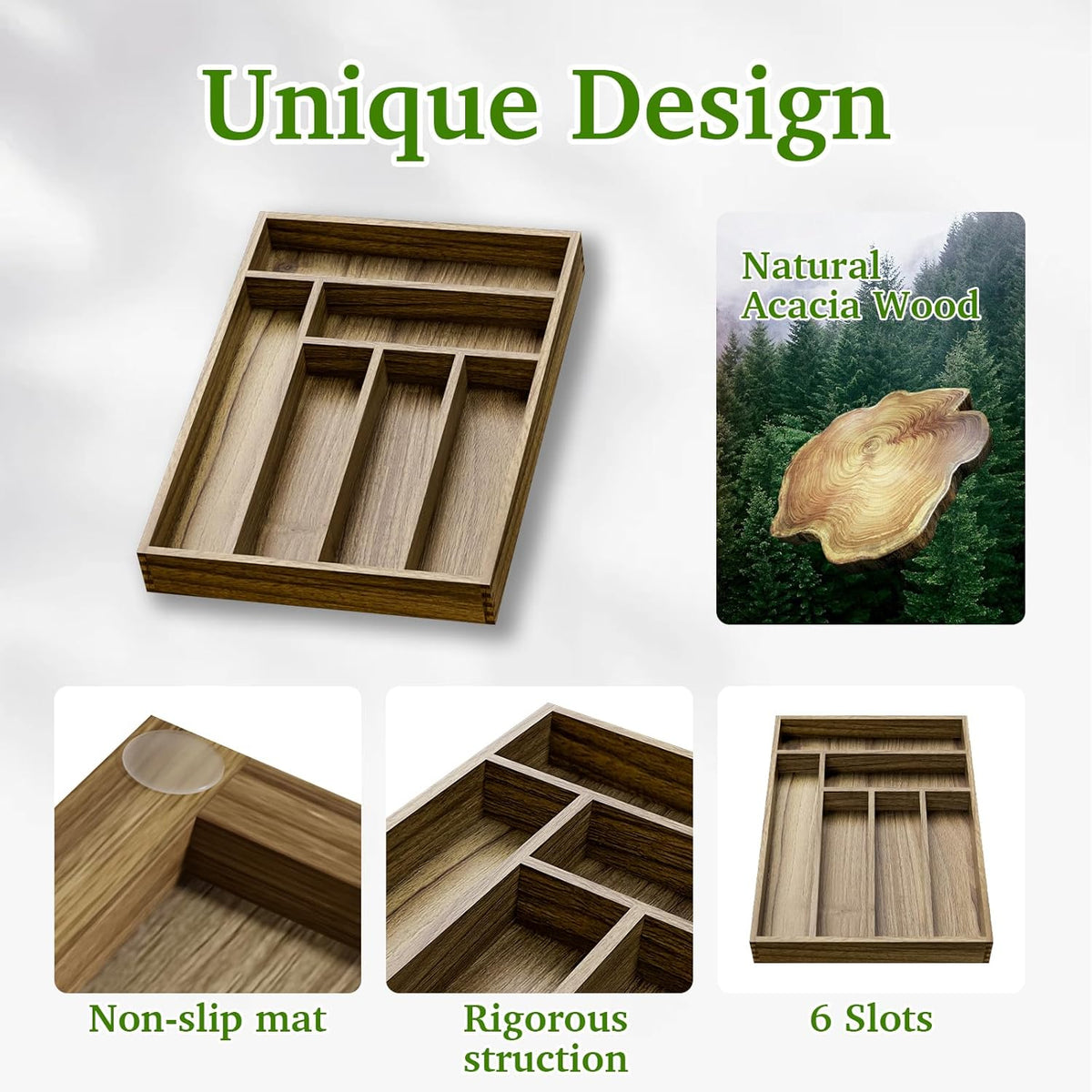 Acacia Wood Silverware Drawer Organizer, Kitchen Utensil Cutlery Drawer Organizer with Dividers