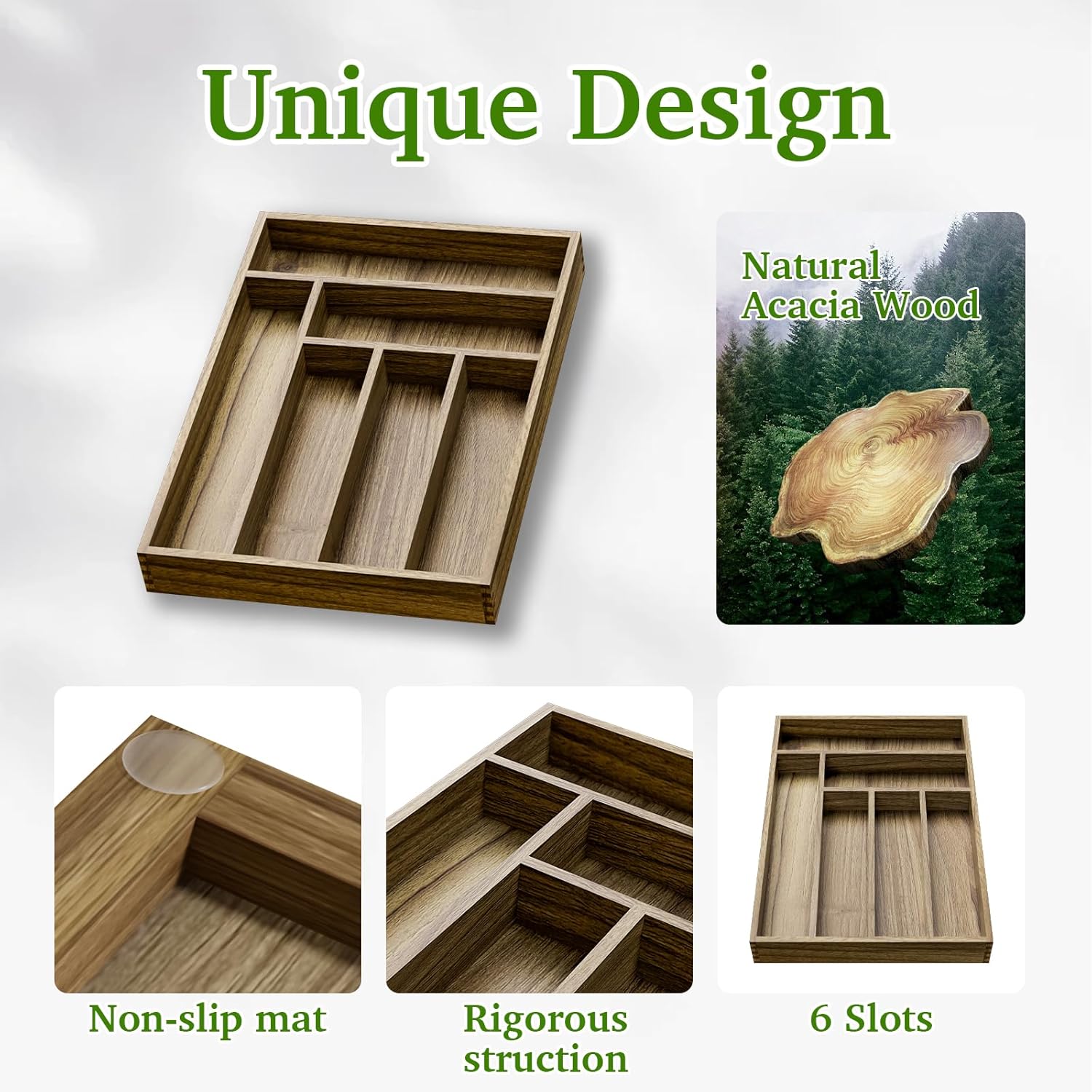 Acacia Wood Silverware Drawer Organizer, Kitchen Utensil Cutlery Drawer Organizer with Dividers