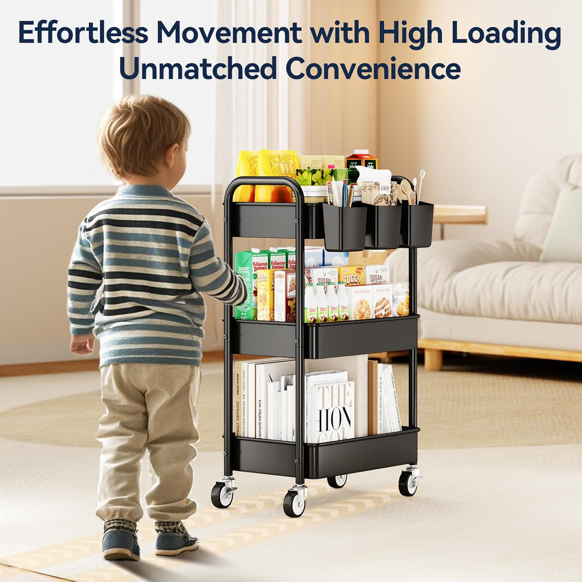 YASONIC 3 Tier Rolling Cart - Metal Utility Cart with Wheels, Hanging Cups, Hooks, Heavy Duty Mesh