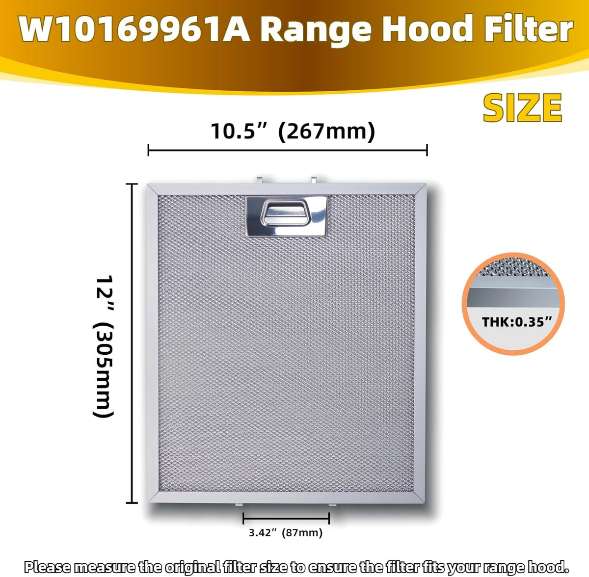 W10169961A 5 Layer Aluminum Mesh Range Hood Filter Replacement 12" x 10.5" for Whirlpool Vent Hood