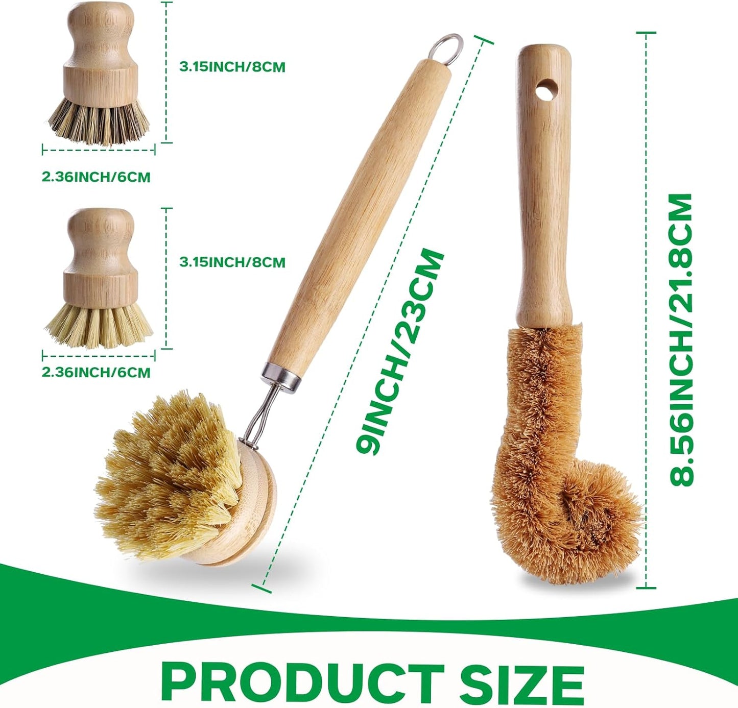 Bamboo Dish Brush Set - 5 Packs Natural Wooden Kitchen Brush, 4 Dish Scrubbers with One Replacement