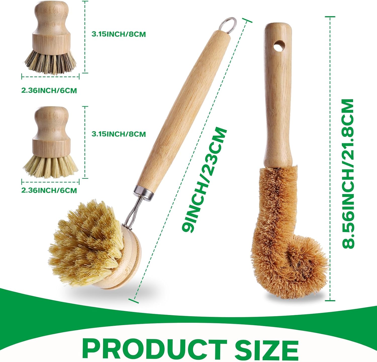 Bamboo Dish Brush Set - 5 Packs Natural Wooden Kitchen Brush, 4 Dish Scrubbers with One Replacement