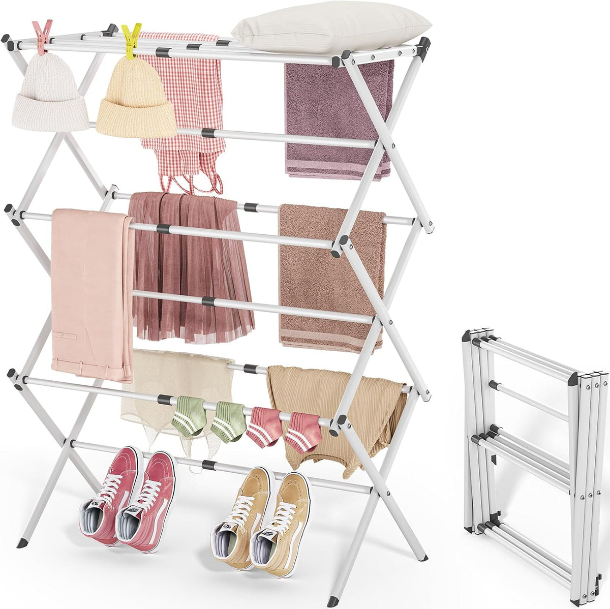 APEXCHASER Clothes Drying Rack, 3-Tier Laundry Drying Rack for Clothes, Expandable Metal Clothing