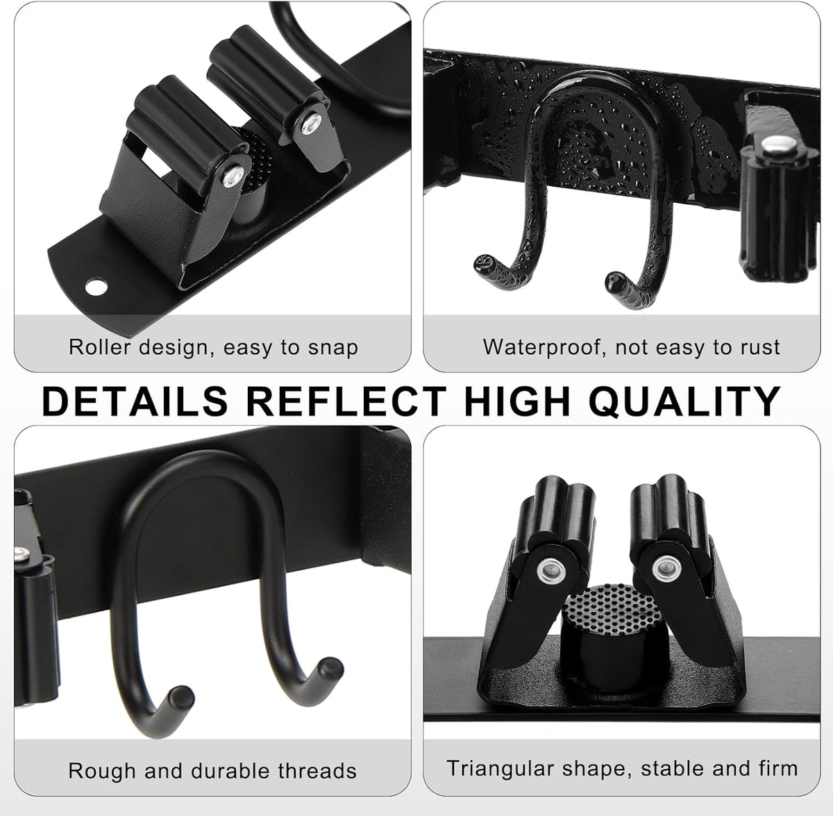 Mop Broom Holder Wall Mount, Black Stainless Steel Tool Storage Organizer for Kitchen Garden Garage