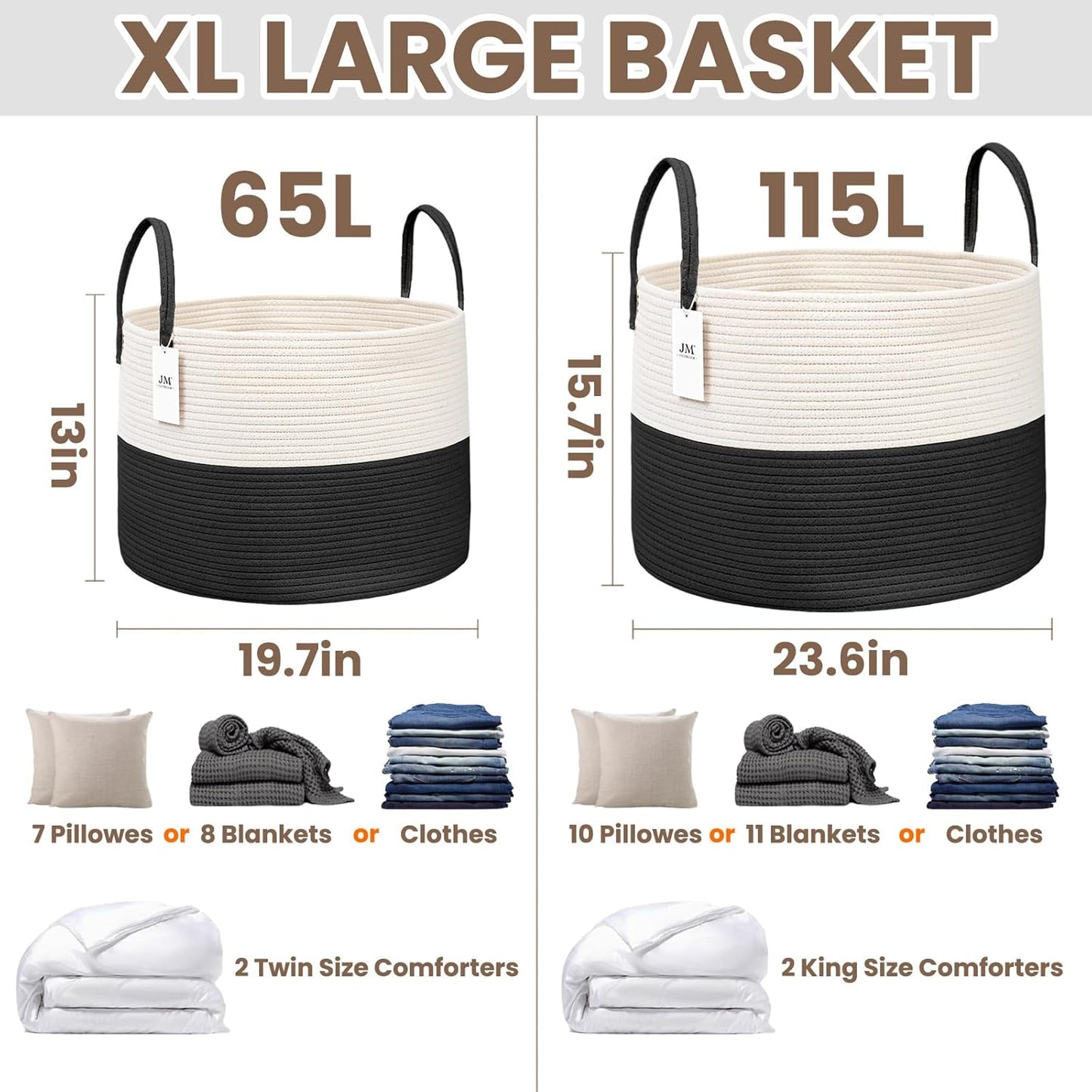 Woven Blanket Basket,65L Large Rope Storage Bin with Handles, Organizer for Blankets Toys Book and