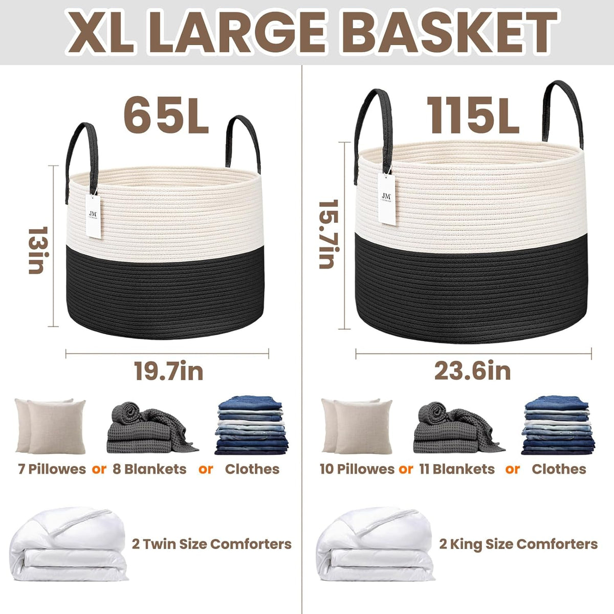Woven Blanket Basket,115L Large Rope Storage Bin with Handles, Organizer for Blankets Toys Book and