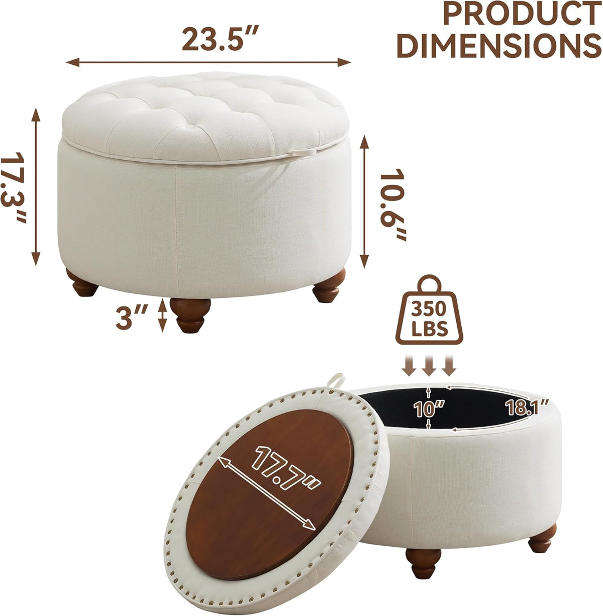 24Inch Round Storage Ottoman with Tray, Modern Tufted Fabric Circle Coffee Table with Storage