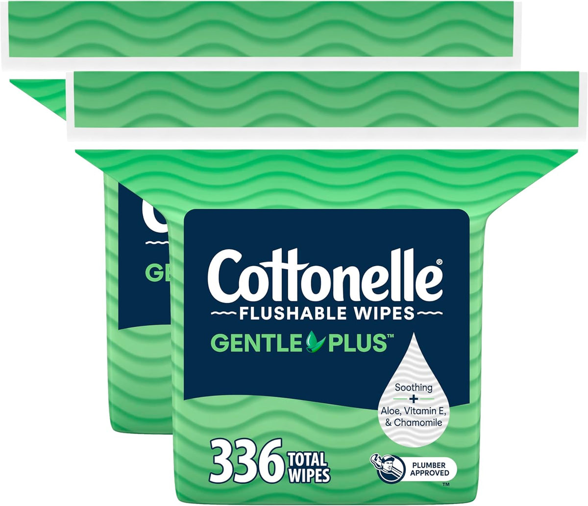 Cottonelle GentlePlus Flushable Wet Wipes with Aloe & Vitamin E, 2 Refill Packs, 168 Wipes Per Pack